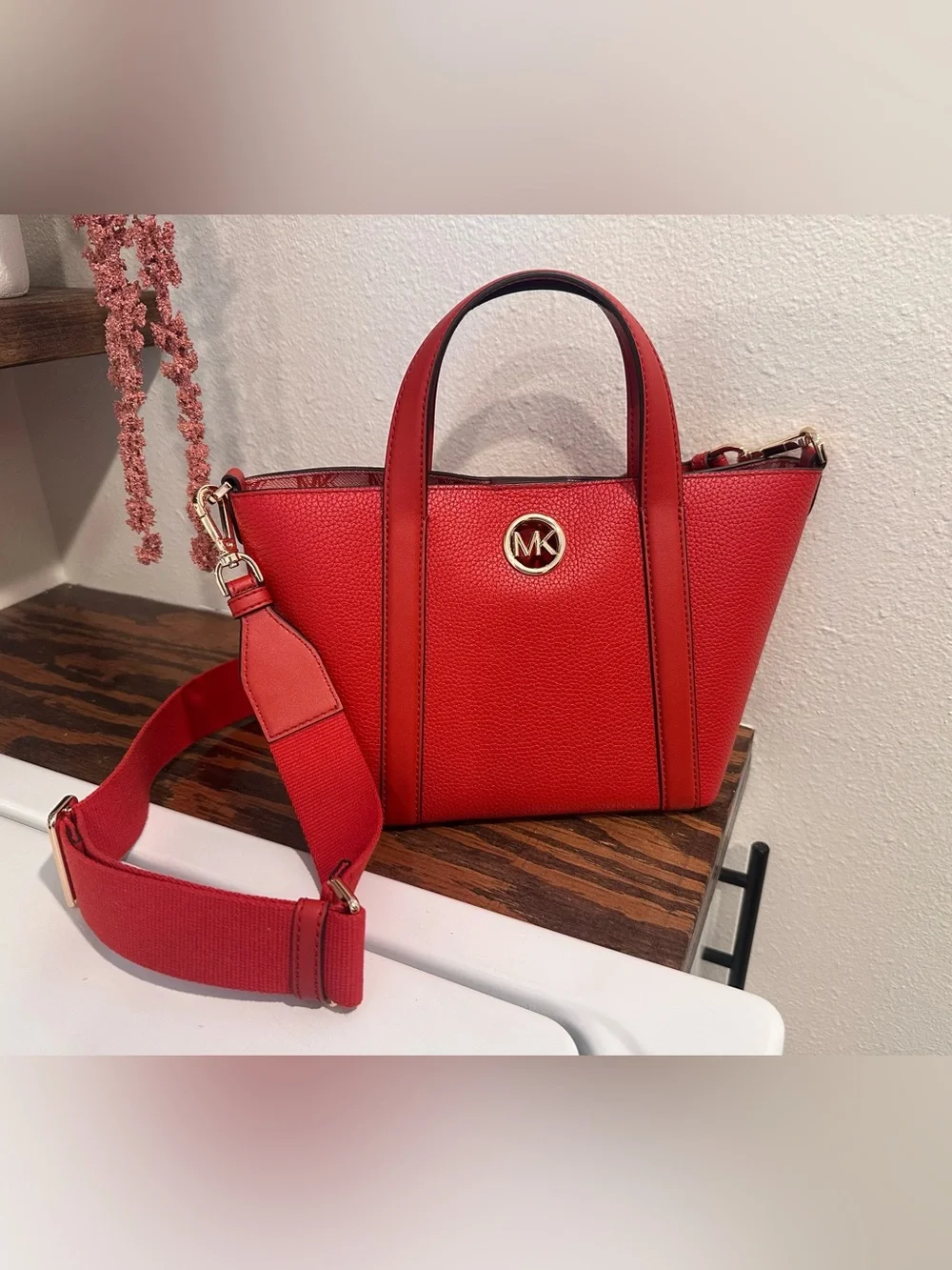 Michael Kors Orange Red Pebbled Leather Satchel with Gold MK Emblem